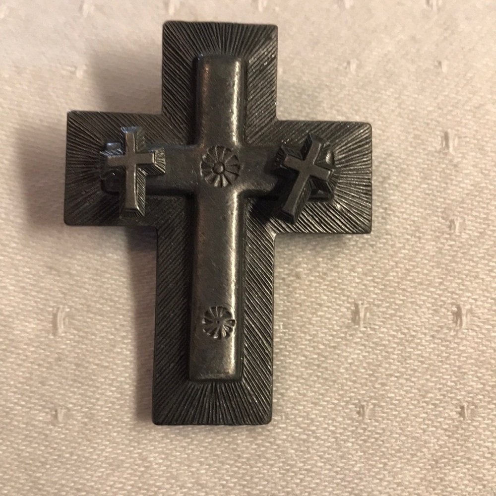 Vintage Torino Pewter Cross Brooch with Cross Earrings Trinket Box
